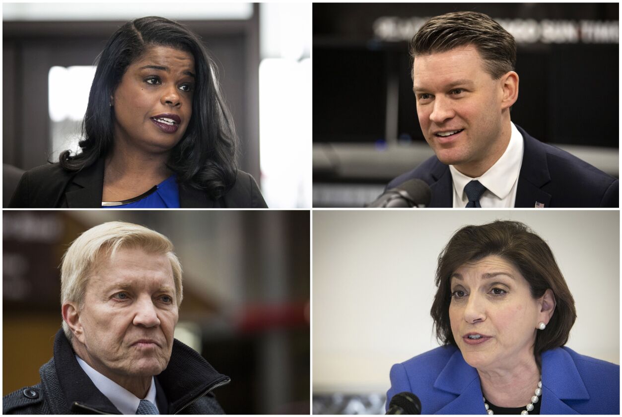 This combination of photos shows from clockwise from top left, candidates for Cook County State’s Attorney Democrats Kim Foxx, Bill Conway, Donna More and Bob Fioretti.